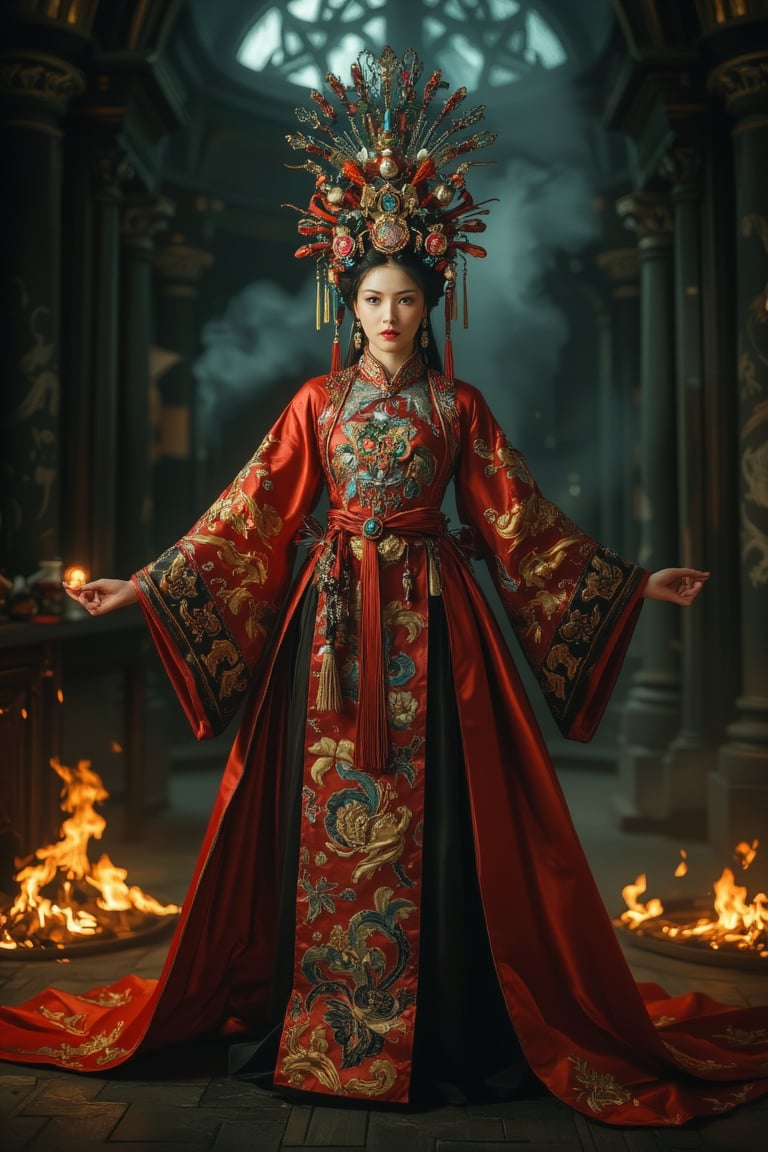 Full body shot of a character standing in majestic pose, representation of a very tall fantasy chinese empress with the most sumptuous wedding hanfu dress made of (red:1.4) silk and richly embroidered with gold and silver threads, (wide sleeves:1.2), intricately carved golden badges and tassels, golden line, dark gothic cathedral background, fire and flame and clouds of smoke. Art by Yoshitaka Amano, Zhong Fenghua, stunning interpretive visual, gothic regal, colorful, realistic eyes, dreamy magical atmosphere, (film grain), (warm hue, warm tone), cinematic light, side lightings, Midjourneyart, zhongfenghuaStyle, Midjourney_Whisper