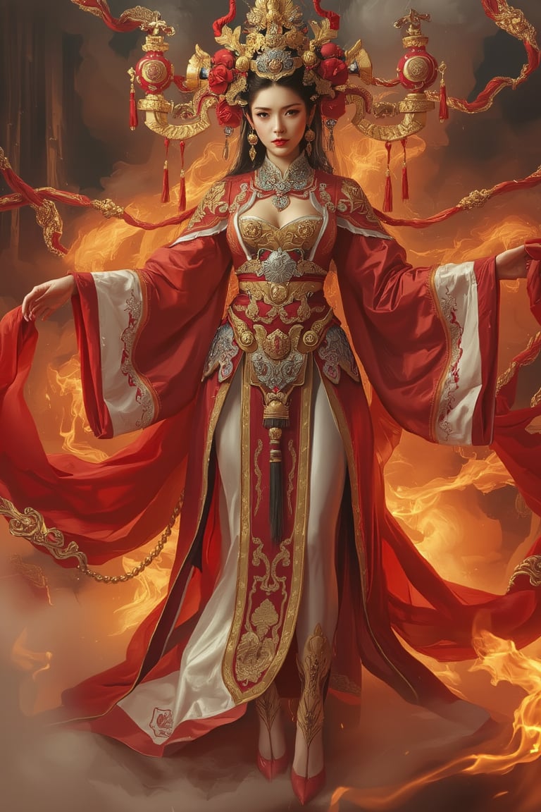 Full body shot of a character standing in majestic pose, hyper realistic representation of a fantasy chinese empress with the most sumptuous wedding hanfu dress made of red and white silk and richly embroidered with gold and silver threads, (wide sleeves:1.2), intricately carved golden badges and tassels, golden line, fire and flame and clouds of smoke. Art by Yoshitaka Amano, Zhong Fenghua, stunning interpretive visual, colorful, dreamy magical atmosphere, (film grain), (warm hue, warm tone), cinematic light, side lightings, Midjourneyart, zhongfenghuaStyle