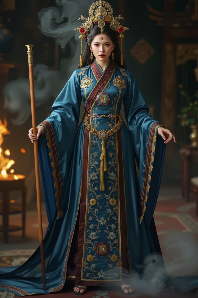 Full body shot of a character standing in majestic pose, representation of a (very tall:1.3) fantasy chinese empress with the most sumptuous wedding hanfu dress made of (blue) silk and richly (embroidered:1.2) with gold and silver threads, (wide sleeves:1.2), intricately carved golden badges and tassels, golden line, dark gothic background, fire and flame and clouds of smoke. Art by Yoshitaka Amano, Zhong Fenghua, stunning interpretive visual, gothic regal, colorful, realistic eyes, dreamy magical atmosphere, cinematic light, side lightings, Midjourneyart