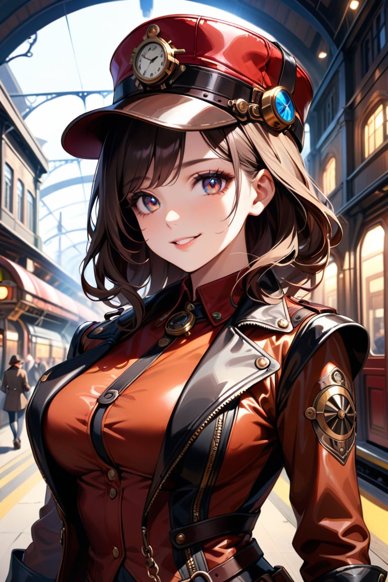 Very beautiful girl with a steampunk leather jacket, red waistcoat and hat, intricately detailed brass accessories. Masterpiece, illustration, extremely detailed, beautiful detailed eyes, beautiful detailed mouth, warmly smile, bright colors, dark light, railway station on background 