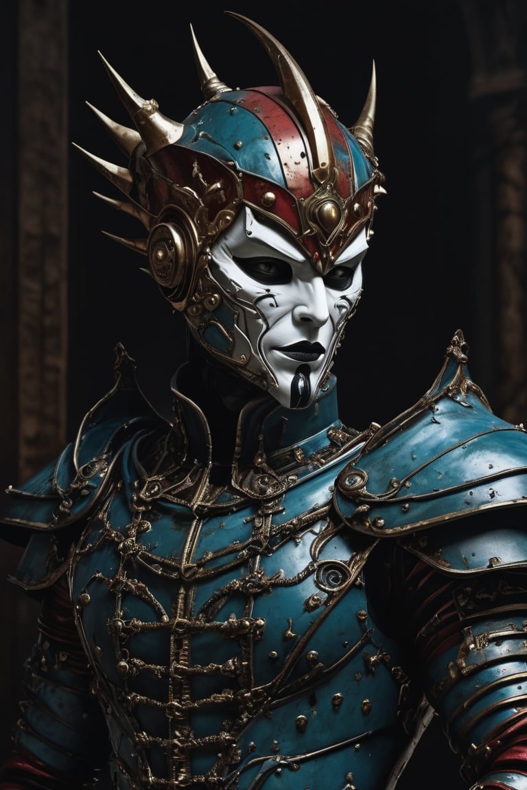 3D artwork,  upper body of a caracter represesenting a mighty style harlequin eldar male robot with a high surreal white m...