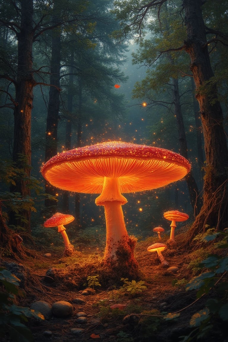 The masterful brushstrokes of Peter Paul Rubens and Rembrandt give life to a circle of red mushrooms in a forest clearing....