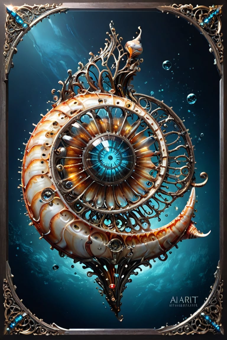 A 3D style artwork that shows (an amazing glass sea nautilus shell), (glass art:1.3), (trendwhore style:1.6), with (the capital lettered text "AI-ART":1.2) big dimensioned in the corner. Gradient background, sharp details. Dark filigree on background. Highest quality, detailed and intricate, original artwork, trendy, futuristic, award-winning. Bright colors, close shot, artint, make_3d,art_booster,crystalz,spstation