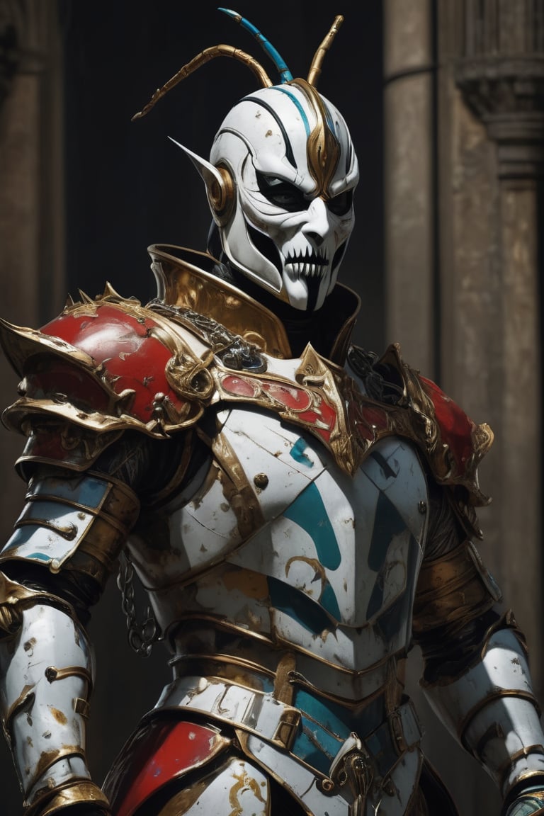 3D artwork,  upper body of a caracter represesenting a mighty style harlequin eldar male robot with a high surreal white m...