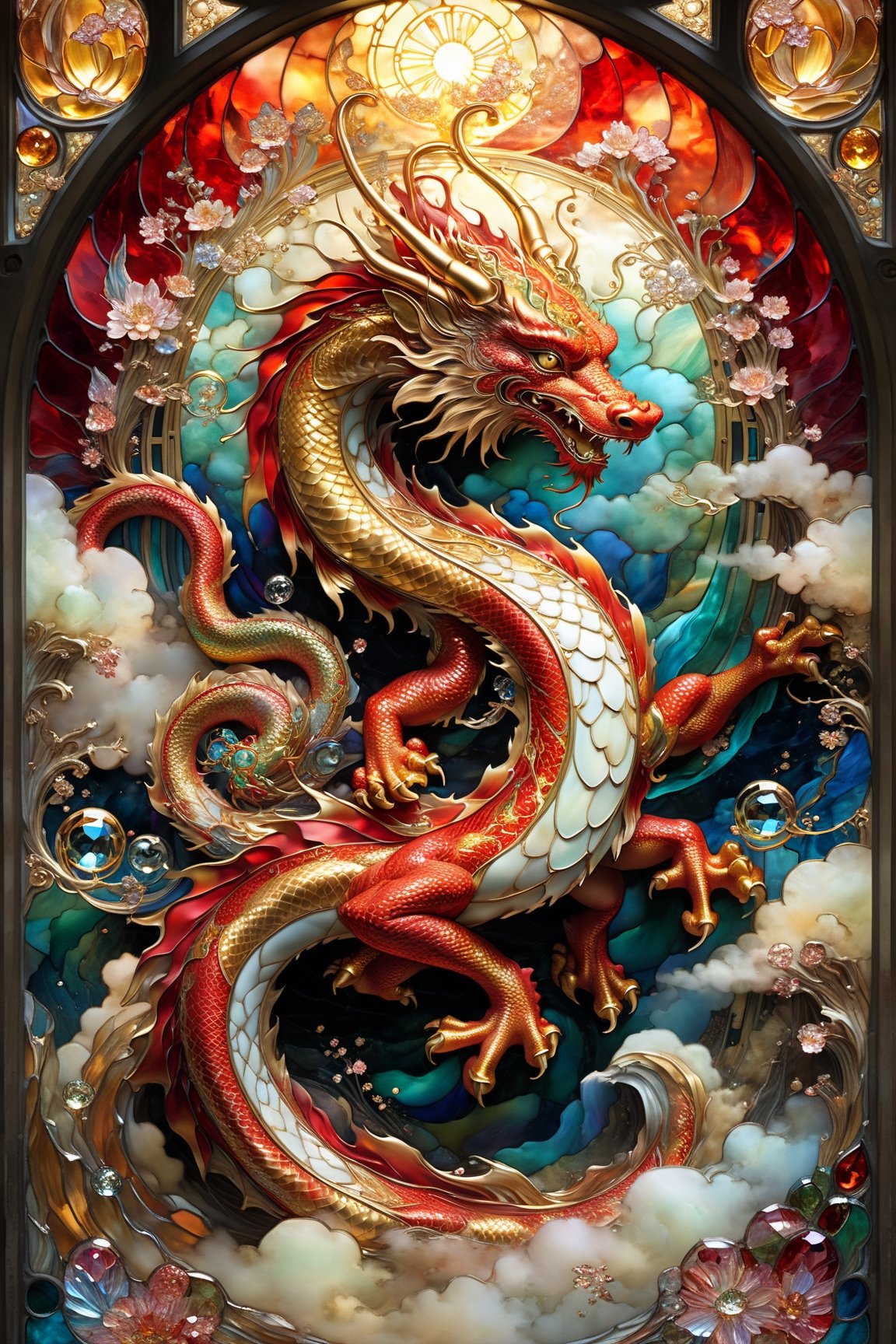 Red and gold chinese Lung dragon, magical fantasy art is done in oil paint and liquid chrome, liquid rainbow, best quality,  fairytale, patchwork, (stained glass:1.2), storybook detailed illustration, cinematic, ultra highly detailed, tiny details, beautiful details, mystical, luminism, vibrant colors, complex background, resolution hyperdetailed intricate liminal eerie precisionism, intricate background, (dark luminescent:1.2) art by Alphonse Mucha, Kinuko Y Craft, Alan Lee, crystalz