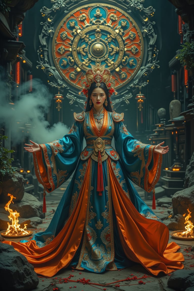 Full body shot, bottom view of a character standing in cinematic pose, open arms, representation of a (very tall:1.4) fantasy chinese goddess with the most sumptuous long wedding hanfu dress that completely covers the feet and is made of blue, and orange silk and richly (embroidered:1.2) with gold and silver threads, (wide sleeves:1.2), intricately carved golden (badges and tassels:1.2), golden crown, dark gothic temple background with a huge mandala (carved into the rock) on which are magical luminous symbols. Fire and flame and clouds of smoke. Oil painted by Greg Rutkowski. Stunning interpretive visual, gothic regal, colorful, realistic eyes, dreamy magical atmosphere, cinematic light, side lightings, Midjourneyart, Midjourney_Whisper