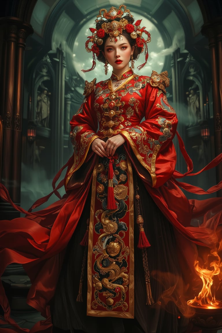 Full body shot of a character standing in majestic pose, representation of a very tall fantasy chinese empress with the most sumptuous wedding hanfu dress made of (red:1.4) silk and richly embroidered with gold and silver threads, (wide sleeves:1.2), intricately carved golden badges and tassels, golden line, dark gothic cathedral background, fire and flame and clouds of smoke. Art by Yoshitaka Amano, Zhong Fenghua, stunning interpretive visual, gothic regal, colorful, realistic eyes, dreamy magical atmosphere, (film grain), (warm hue, warm tone), cinematic light, side lightings, Midjourneyart, zhongfenghuaStyle, Midjourney_Whisper