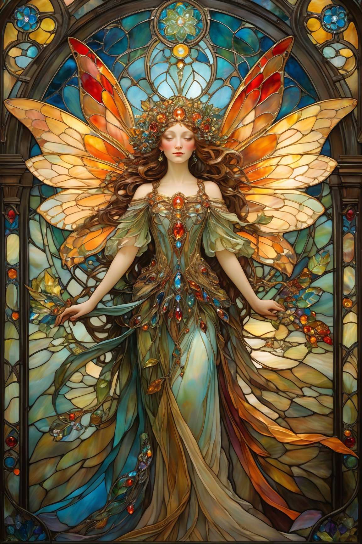 Fairy, large wings, magical fantasy art is done in oil paint and liquid chrome, liquid rainbow, golden leaf, golden line, copper surfaces, shining red jewels, best quality, fairytale, patchwork, (stained glass:1.2), storybook detailed illustration, cinematic, ultra highly detailed, tiny details, beautiful details, mystical, luminism, vibrant colors, complex background, resolution hyperdetailed intricate liminal eerie precisionism, DSLR filmic hyperdetailed, intricate background, (dark luminescent:1.2) art by Alphonse Mucha, Kinuno Y Craft, Brian Froud, Arthur Rackham, Jean Baptiste Monge,crystalz