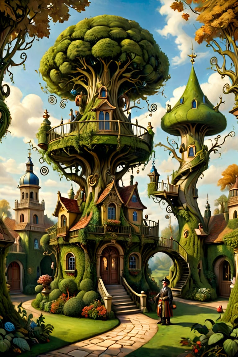 A mystical greenery garden with a treehouse in the center, masterful whimsical topiary sculptures, baroque style vases, flowers, esotic birds, (multiple fantastic spirals of branches and leaves:1.9), dreamy atmosphere, golden vibes, romantic landscape. Masterpiece, rococo style, painted by Michael Cheval and Daniel Merriam 