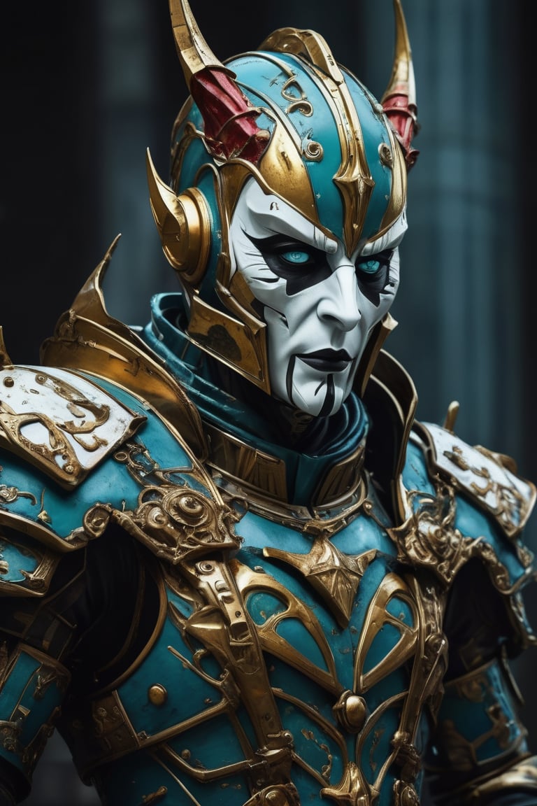 3D artwork,  upper body of a caracter represesenting a mighty style harlequin eldar male robot with a high surreal white m...