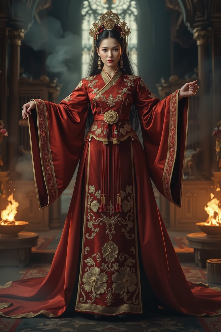 Full body shot of a character standing in majestic pose, representation of a very tall fantasy chinese empress with the most sumptuous wedding hanfu dress made of (red:1.4) silk and richly embroidered with gold and silver threads, (wide sleeves:1.2), intricately carved golden badges and tassels, golden line, dark gothic cathedral background, fire and flame and clouds of smoke. Art by Yoshitaka Amano, Zhong Fenghua, stunning interpretive visual, gothic regal, colorful, realistic eyes, dreamy magical atmosphere, (film grain), (warm hue, warm tone), cinematic light, side lightings, zhongfenghua, Midjourneyart 