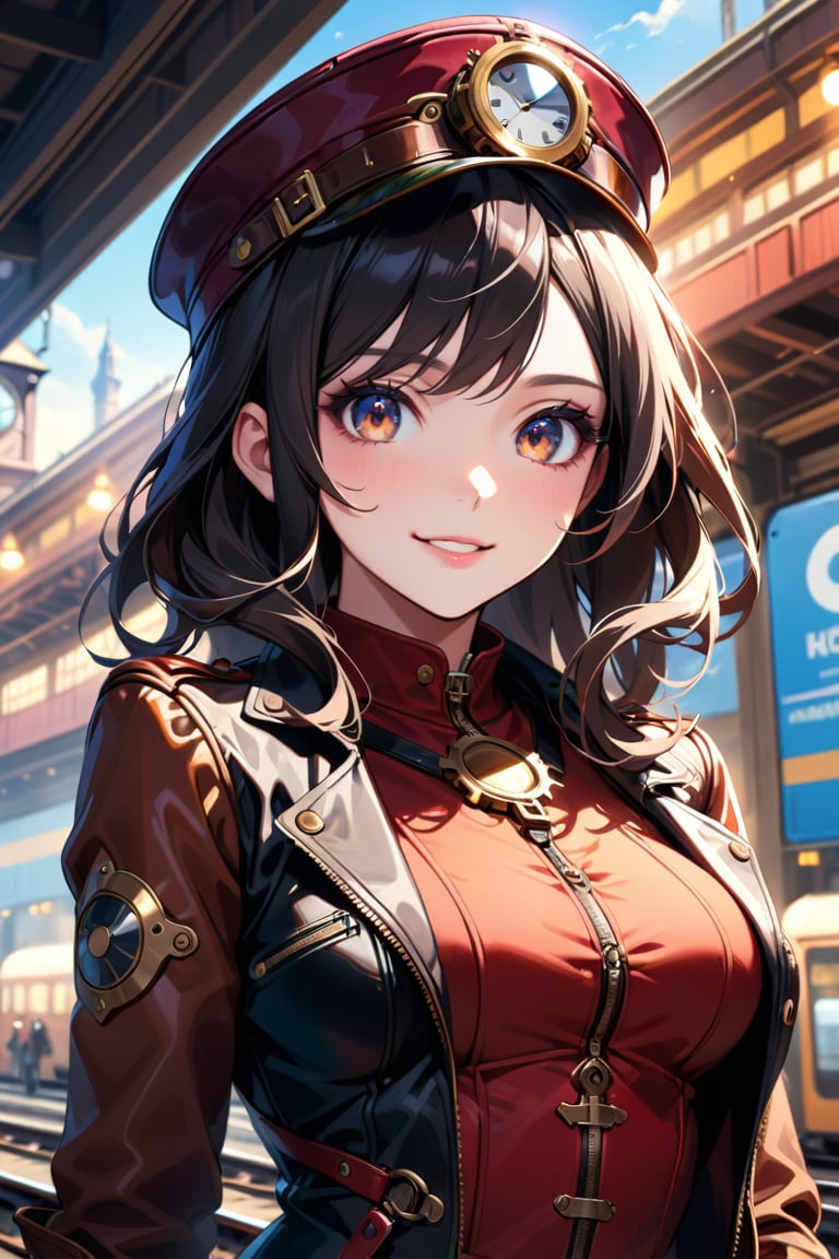 Very beautiful girl with a steampunk leather jacket, red waistcoat and hat, intricately detailed brass accessories. Masterpiece, illustration, extremely detailed, beautiful detailed eyes, beautiful detailed mouth, warmly smile, bright colors, dark light, railway station on background 