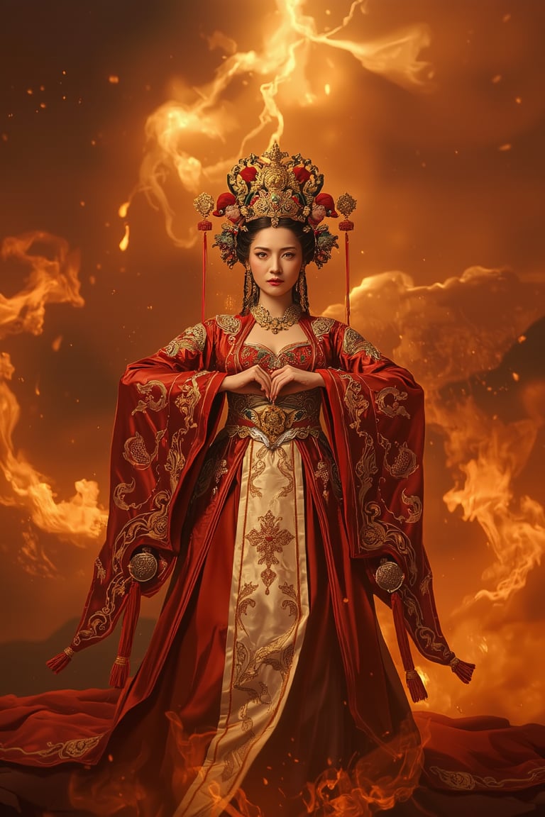 In a majestic tableau, the Chinese empress stands tall, her sumptuous wedding hanfu dress aglow in a warm, cinematic light. The red and white silk fabric shimmers like molten lava, richly embroidered with gold and silver threads that seem to dance across her wide sleeves (1.2). Intricately carved golden badges and tassels glint like stars against the fiery, smoky backdrop of clouds and flames. Yoshitaka Amano's influence is palpable in this stunning, dreamy scene, as if Zhong Fenghua's artwork has come to life. Midjourneyart, zhongfenghuaStyle