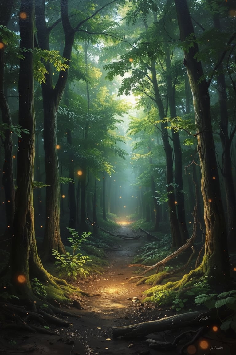 The masterful brushstrokes of Peter Paul Rubens and Rembrandt give life to a path in the enchanted forest. The path radiat...