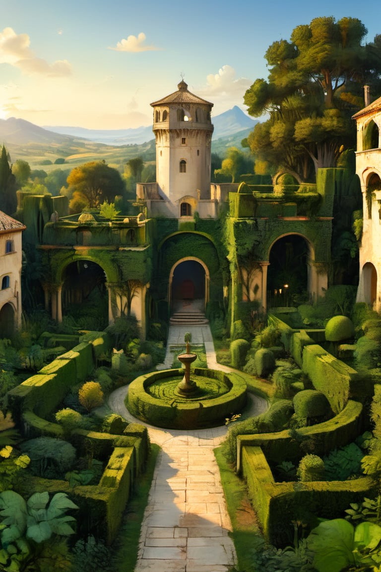 A surreal ancient garden with a medieval high hedge maze, many paths that intersect. A masterpiece painted by Claude Lorrain, highly detailed leaves, golden hour, romantic landscape, Architectural100,itacstl