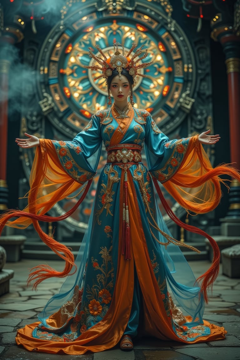 Full body shot, bottom view of a character standing in cinematic pose, open arms, representation of a (very tall:1.4) fantasy chinese goddess with the most sumptuous long wedding hanfu dress that completely covers the feet and is made of blue, and orange silk and richly (embroidered:1.2) with gold and silver threads, (wide sleeves:1.2), intricately carved golden (badges and tassels:1.2), golden crown, dark gothic temple background with a huge mandala (carved into the rock) on which are magical luminous symbols. Fire and flame and clouds of smoke. Oil painted by Greg Rutkowski. Stunning interpretive visual, gothic regal, colorful, realistic eyes, dreamy magical atmosphere, cinematic light, side lightings, Midjourneyart, Midjourney_Whisper