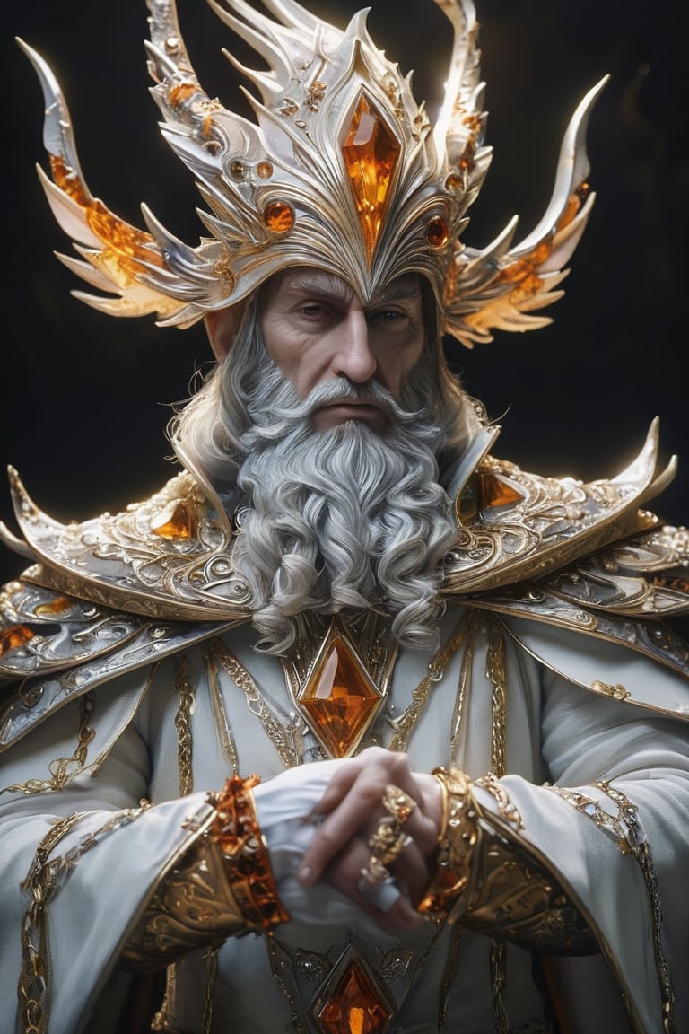 3D artwork, upper body shot of a caracter represesenting an harlequin mighty man. High elven hat shaped as a white seashell, orange mantle, shining gold jewels and silver chains. (Majestic pose:1.4), (hieratic expression:1.6), emerging from the darkness in the style of Rembrandt. The caracter wears a white and orange large luxury suit. The character is illuminated from the side by a dark golden light. Vibrant colors. The background is a black gothic cathedral interior dimly lit by moonlight. UHD, high resolution, 8k.