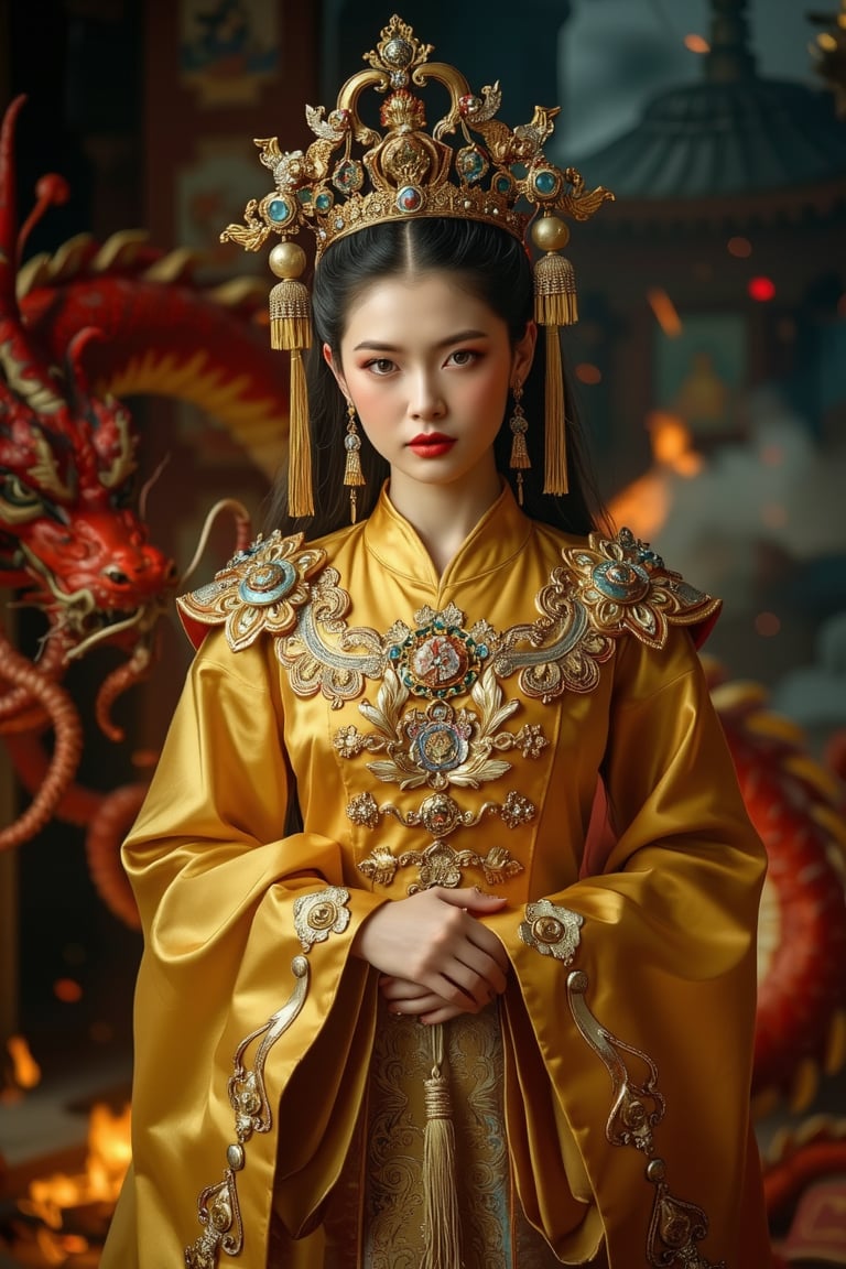 Portrait of a character representing a fantasy chinese goddess, celestial beautiful (manga:1.4) face. She wears the most sumptuous wedding hanfu dress made of yellow silk and richly (embroidered:1.2) with gold and silver threads,  intricately carved golden (badges and tassels:1.2), golden crown, dark gothic exterior temple background with a huge ultra high detailed (chinese red ang golden  dragon:1.4). (Fire and flames) and clouds of smoke. Oil painted by Rembrandt. Stunning interpretive visual, gothic regal, colorful, dreamy magical atmosphere, cinematic light, side lightings, depth of field, Midjourneyart