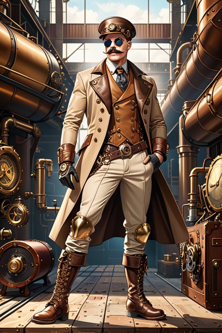 Industrial steampunk mechanic man, face marked by experience, moustache,  (cap:0.8), steampunk beige leather double-breasted jacket, beige tweed fabric puffed trousers, (leather laced boots:0.8), intricately detailed brass accessories. Masterpiece, illustration, extremely detailed, cinematic pose, industrial background