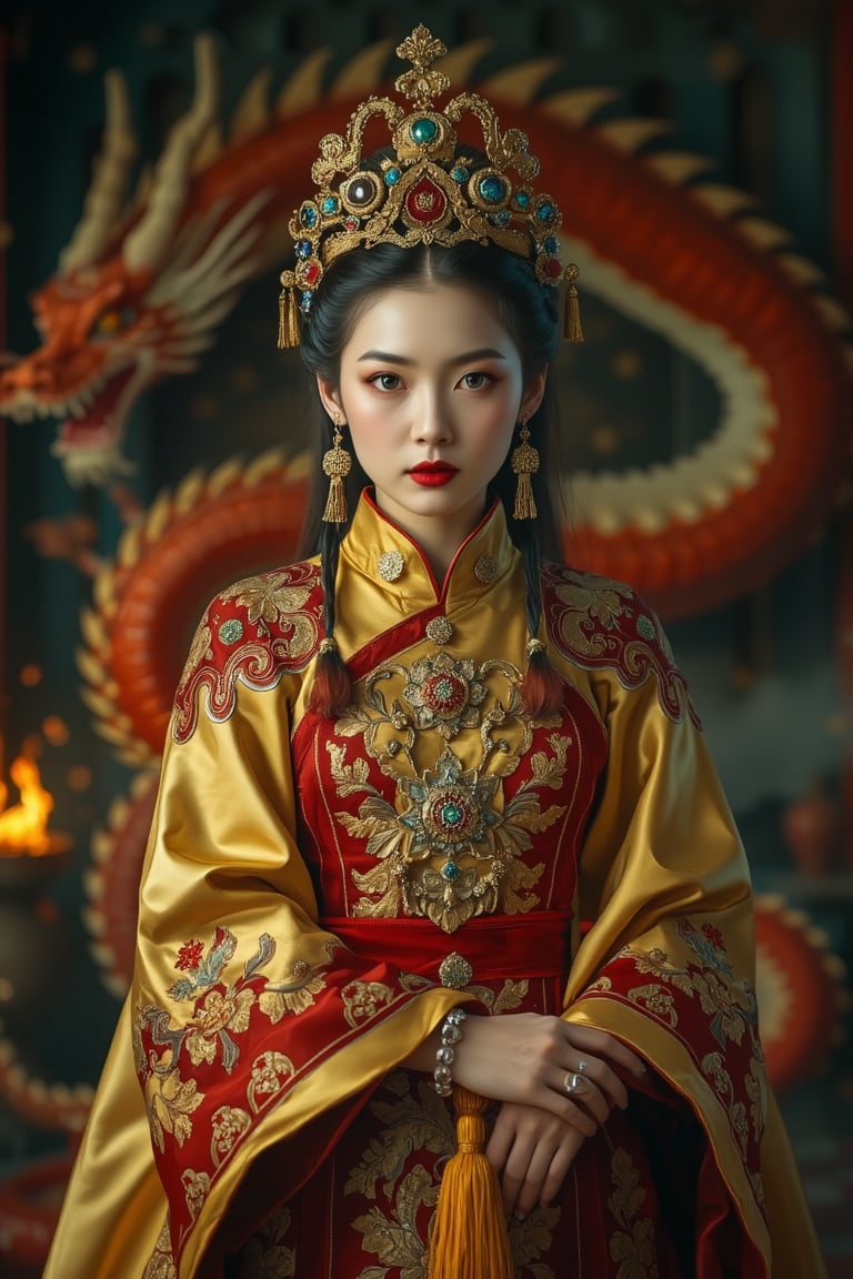 Portrait of a character representing a fantasy chinese goddess, celestial beautiful (manga:1.4) face. She wears the most sumptuous wedding hanfu dress made of yellow silk and richly (embroidered:1.2) with gold and silver threads,  intricately carved golden (badges and tassels:1.2), golden crown, dark gothic exterior temple background with a huge ultra high detailed (chinese red ang golden  dragon:1.4). (Fire and flames) and clouds of smoke. Oil painted by Rembrandt. Stunning interpretive visual, gothic regal, colorful, dreamy magical atmosphere, cinematic light, side lightings, depth of field, Midjourneyart