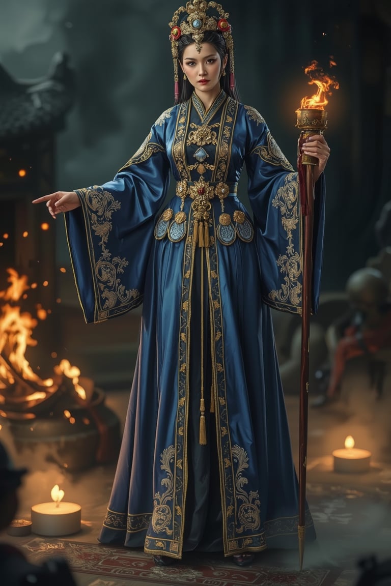 Full body shot of a character standing in majestic pose, representation of a (very tall:1.3) fantasy chinese empress with the most sumptuous wedding hanfu dress made of (blue) silk and richly (embroidered:1.2) with gold and silver threads, (wide sleeves:1.2), intricately carved golden badges and tassels, golden line, dark gothic background, fire and flame and clouds of smoke. Art by Yoshitaka Amano, Zhong Fenghua, stunning interpretive visual, gothic regal, colorful, realistic eyes, dreamy magical atmosphere, cinematic light, side lightings, Midjourneyart