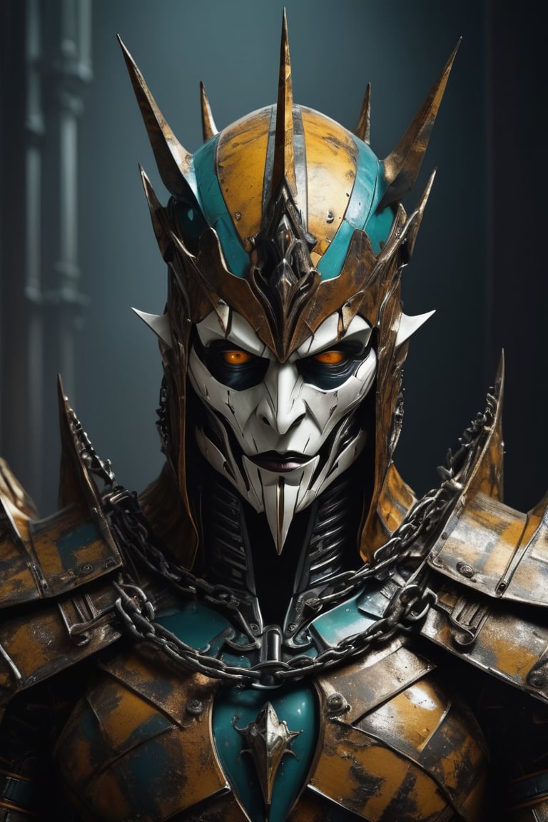 3D artwork, upper body of a caracter represesenting a mighty style harlequin eldar male robot with a high surreal white mask, (surrealistic big stylized full metal helm that resembles the shape of a jester's hat), mantle, bolts and iron chains. (Majestic pose:1.4), (hieratic expression:1.6), emerging from the darkness in the style of Caravaggio. (Red), teal, (yellow), white forming perfect stripes ornamental patterns on a (rusted:0.8) armor. Matte surfaces. Side light, UHD, high resolution, 8k, black gothic cathedral interior background, warm golden light 