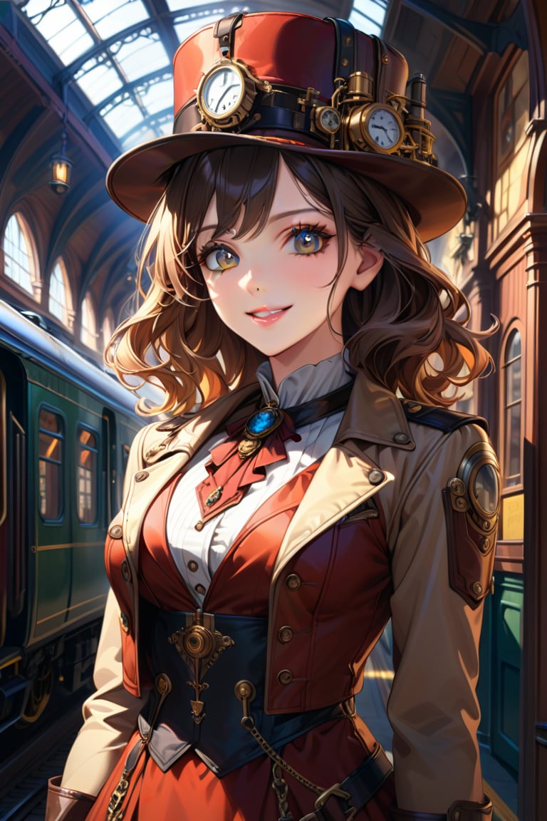 Very beautiful girl with a steampunk beige leather jacket, red waistcoat and hat, intricately detailed brass accessories. Masterpiece, illustration, extremely detailed, beautiful detailed eyes, beautiful detailed mouth, warmly smile, bright colors, victorian railway station on background, complex_background 