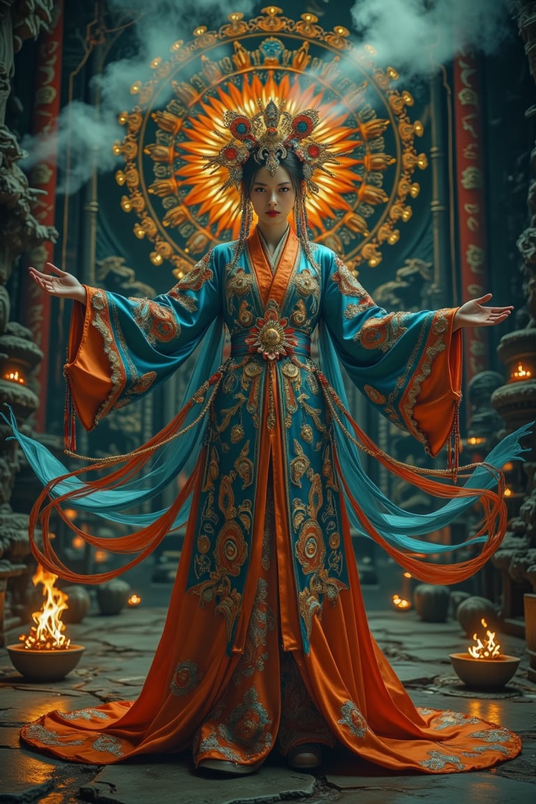 Full body shot, bottom view of a character standing in cinematic pose, open arms, representation of a (very tall:1.4) fantasy chinese goddess with the most sumptuous long wedding hanfu dress that completely covers the feet and is made of blue, and orange silk and richly (embroidered:1.2) with gold and silver threads, (wide sleeves:1.2), intricately carved golden (badges and tassels:1.2), golden crown, dark gothic temple background with a huge mandala (carved into the rock) on which are magical luminous symbols. Fire and flame and clouds of smoke. Oil painted by Greg Rutkowski. Stunning interpretive visual, gothic regal, colorful, realistic eyes, dreamy magical atmosphere, cinematic light, side lightings, Midjourneyart, Midjourney_Whisper