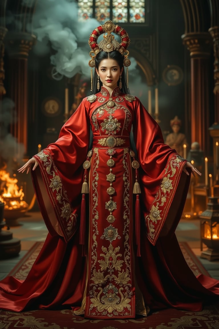 Full body shot of a character standing in majestic pose, hyper realistic representation of a fantasy chinese empress with the most sumptuous wedding hanfu dress made of (red:1.4) silk and richly embroidered with gold and silver threads, (wide sleeves:1.2), intricately carved golden badges and tassels, golden line, dark gothic cathedral background, fire and flame and clouds of smoke. Art by Yoshitaka Amano, Zhong Fenghua, stunning interpretive visual, gothic regal, colorful, realistic eyes, dreamy magical atmosphere, (film grain), (warm hue, warm tone), cinematic light, side lightings, zhongfenghua, Midjourneyart 