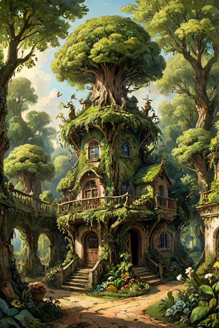 A mystical greenery garden with a treehouse in the center, masterful whimsical topiary sculptures, baroque style vases, flowers, esotic birds, (multiple fantastic spirals of branches and leaves:1.9), dreamy atmosphere, golden vibes, romantic landscape. Masterpiece, rococo style, painted by Francois Boucher and Jean-Honoré Fragonard