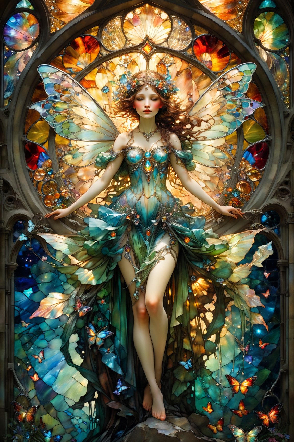 Full body fairy, magical fantasy art is done in oil paint and liquid chrome, liquid rainbow, best quality, art on a cracked paper, fairytale, patchwork, (stained glass:1.2), storybook detailed illustration, cinematic, ultra highly detailed, tiny details, beautiful details, mystical, luminism, vibrant colors, complex background, resolution hyperdetailed intricate liminal eerie precisionism, intricate background, (dark luminescent:1.2) art by Alphonse Mucha, Kinuko Y Craft, Arthur Rackham, Jean Baptiste Monge,crystalz