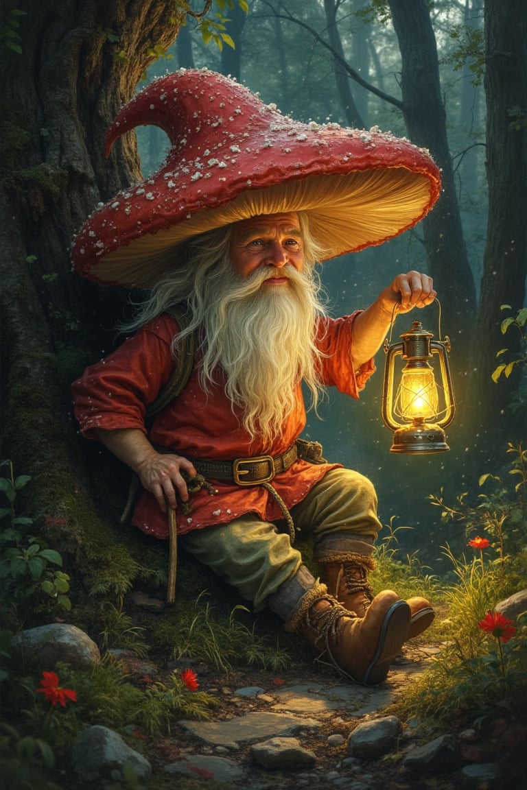 The masterful brushstrokes of Rembrandt and Brian Froud give life to a fantasy gnome leaning relaxed against a large red m...