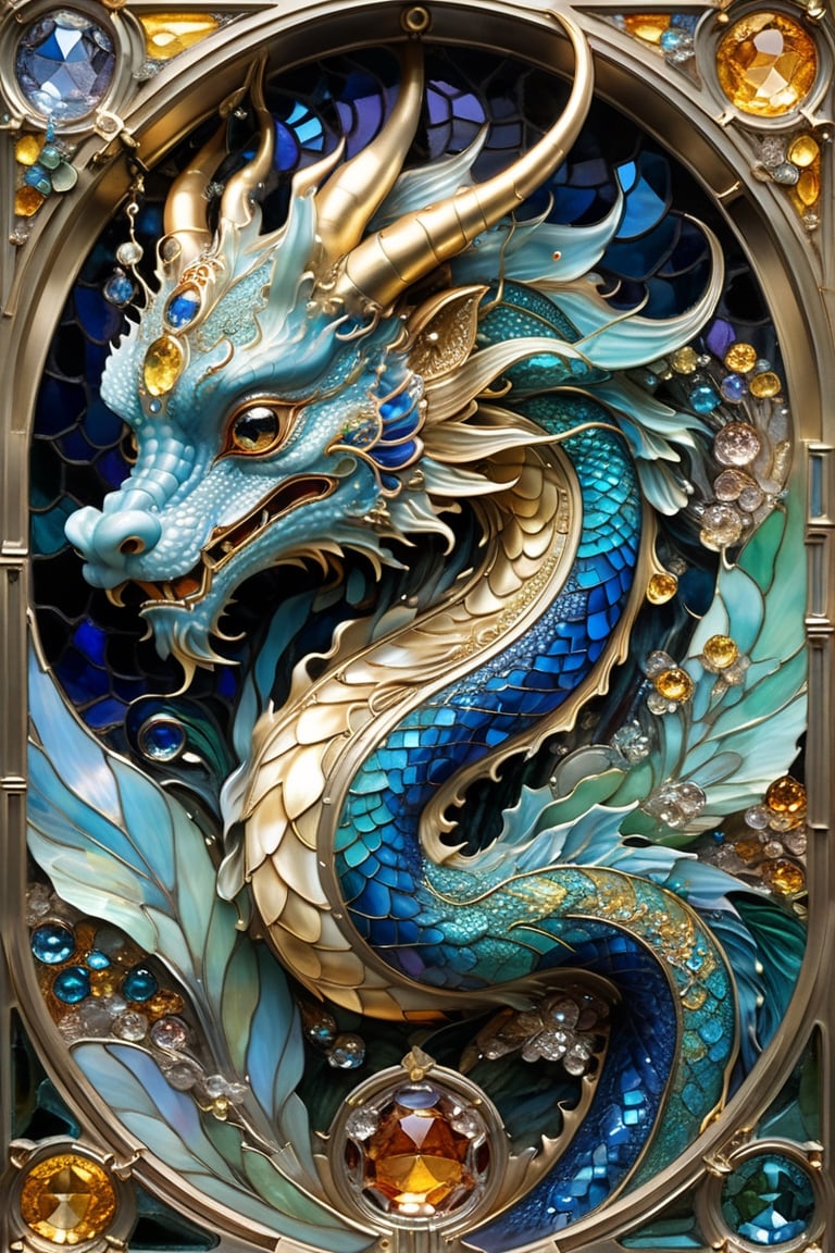 Blue and gold chinese Lung dragon, magical fantasy art is done in oil paint and liquid chrome, liquid rainbow, best quality,  fairytale, patchwork, (stained glass:1.2), storybook detailed illustration, cinematic, ultra highly detailed, tiny details, beautiful details, mystical, luminism, vibrant colors, complex background, resolution hyperdetailed intricate liminal eerie precisionism, intricate background, (dark luminescent:1.2) art by Alphonse Mucha, Kinuko Y Craft, Alan Lee, crystalz