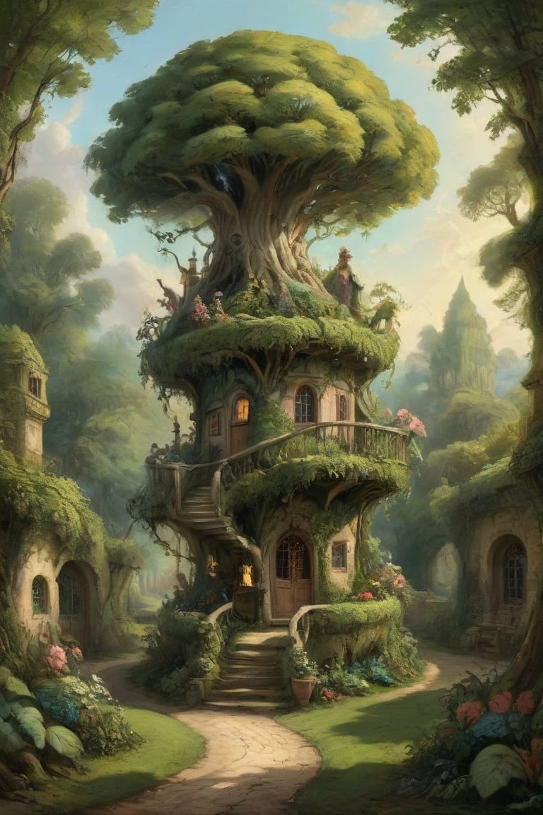 A mystical greenery garden with a treehouse in the center, masterful whimsical topiary sculptures, baroque style vases, flowers, esotic birds, (multiple fantastic spirals of branches and leaves:1.9), dreamy atmosphere, golden vibes, romantic landscape. Masterpiece, rococo style, painted by Francois Boucher and Jean-Honoré Fragonard