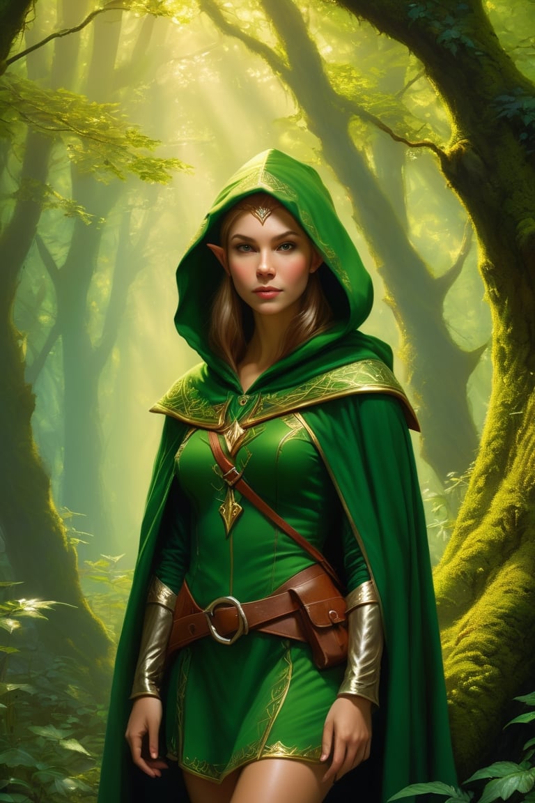 Fantasy elf girl hunting in the forest, she has a furtive attitude huddled behind a bush in a very dinamic pose, she wears a green hood and cloak, perfect cute face, fairy atmosphere, highly detailed, dramatic lighting. Digital painting, masterpiece, maximalist, approacing to perfection, style by Greg Rutkowski