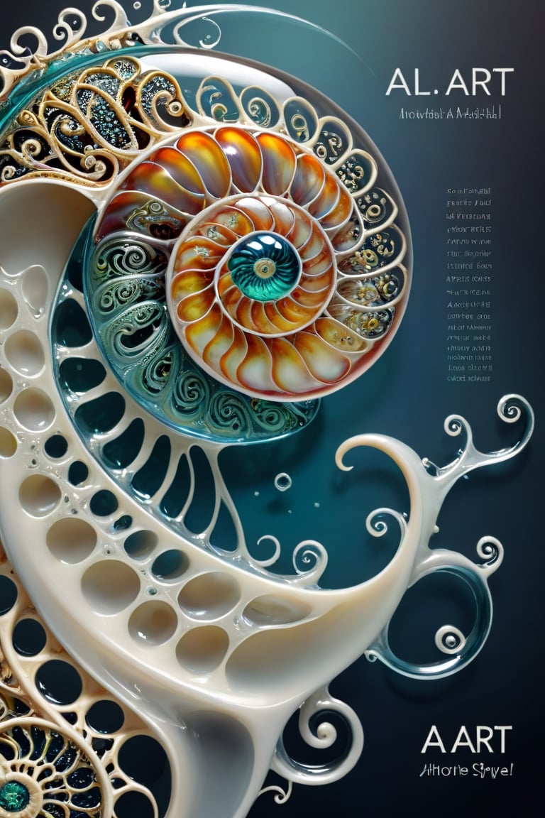 A 3D style artwork that shows (an amazing glass sea nautilus shell), (glass art:1.4), (trendwhore style:1.6), with the large (text "AI-ART":1.2) on it. Gradient background, sharp details. Dark filigree on background. Highest quality, detailed and intricate, original artwork, trendy, futuristic, award-winning. Bright colors, close shot, artint