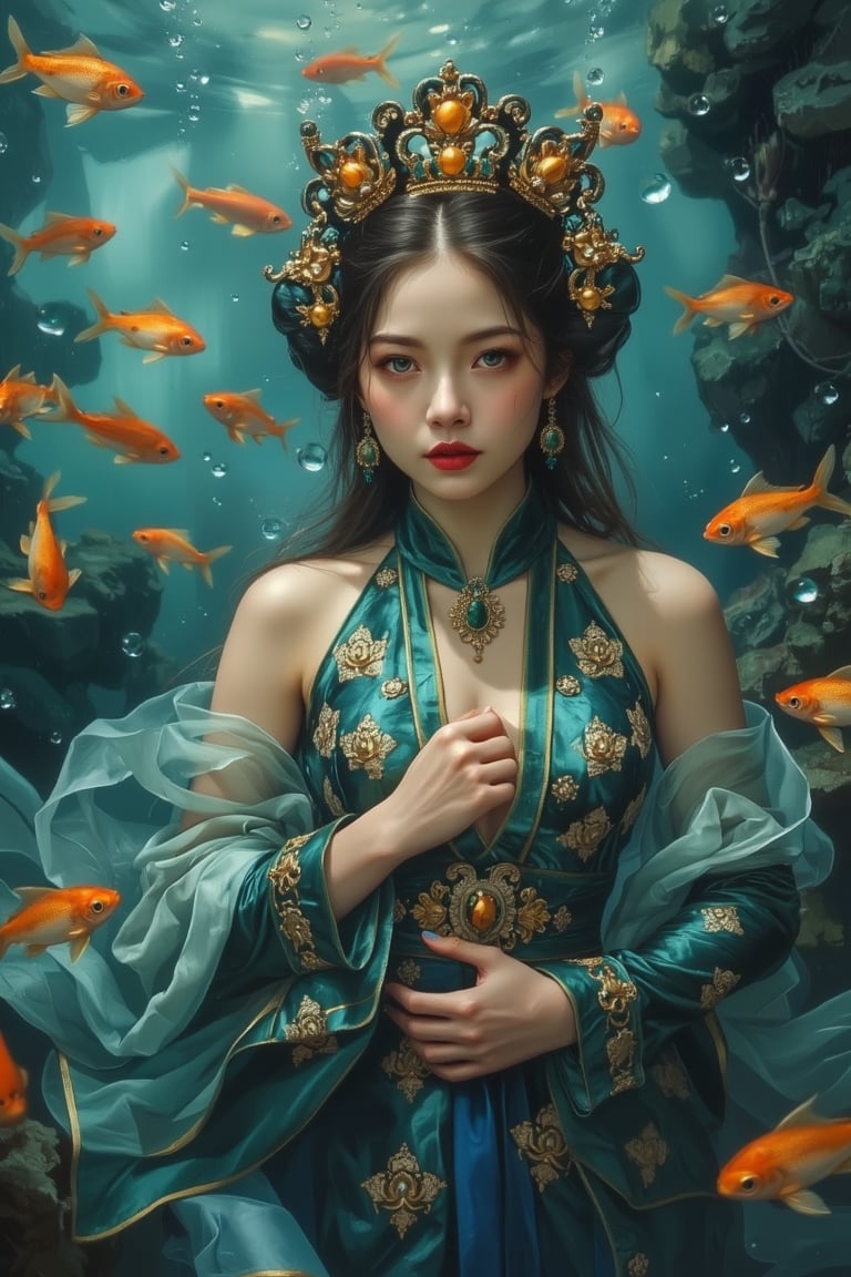 Dappled Light, close shot, portrait, oil painting of a chinese goddess of the sea in the style of Rembrandt and Michael Cheval. She wears the most sumptuous teal and gold wedding hanfu dress, (tender pretty girl:1.4), porcelain white skin, richly jeweled, majestic pose. Stunning interpretive visual, masterpiece, dreamy magical atmosphere, deep underwater background, schools of golden fishes surrounding the goddess, Midjourneyart 