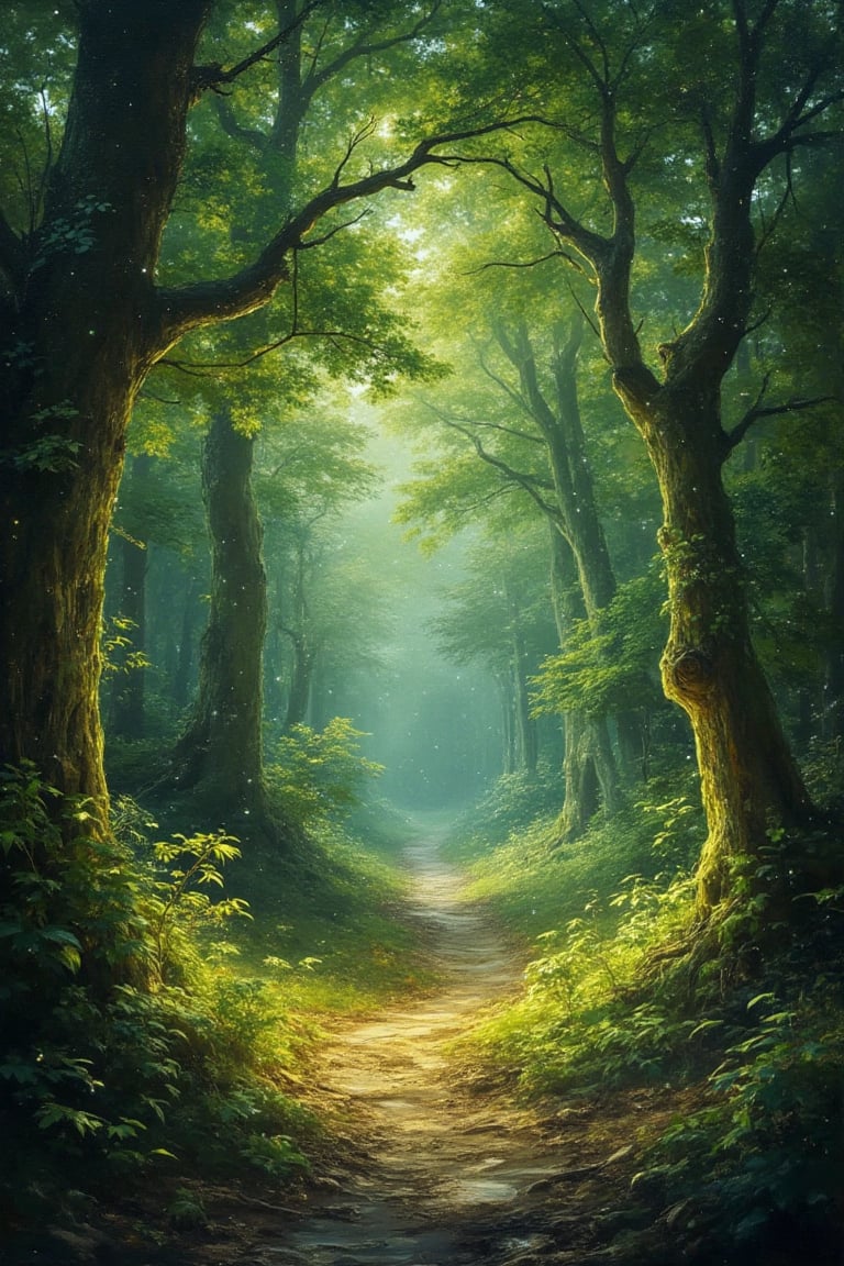 The masterful brushstrokes of Peter Paul Rubens and Rembrandt give life to a path in the enchanted forest. The path radiat...
