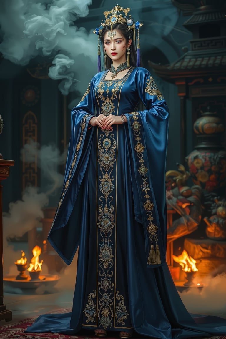 Full body shot of a character standing in majestic pose, representation of a (very tall:1.3) fantasy chinese empress with the most sumptuous wedding hanfu dress made of (blue) silk and richly (embroidered:1.2) with gold and silver threads, (wide sleeves:1.2), intricately carved golden badges and tassels, golden line, dark gothic background, fire and flame and clouds of smoke. Art by Yoshitaka Amano, Zhong Fenghua, stunning interpretive visual, gothic regal, colorful, realistic eyes, dreamy magical atmosphere, cinematic light, side lightings, Midjourneyart