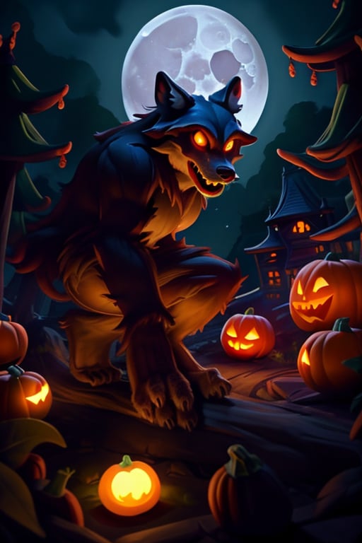 werewolf, in a forest, at night, moon, haunted castle, ghosts, pumpkins, halloween