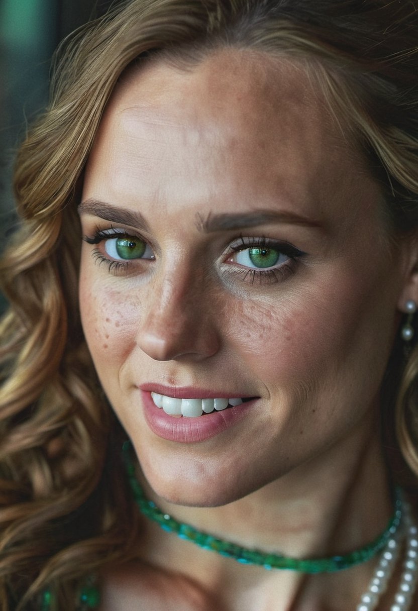 shantel vansanten close up Realistic 8K portrait: A young Smiling Freckles brunette, green eyes, wind-blown long hair, pearl necklace; dramatic lighting, cinematic colors; hyper-above  
