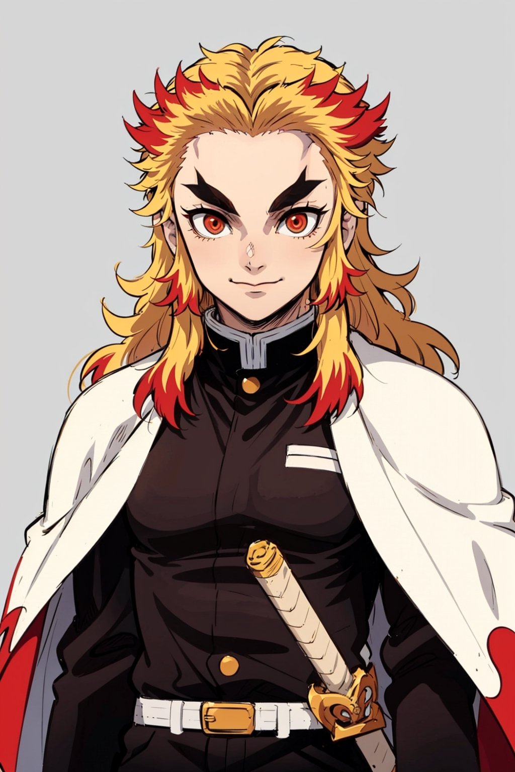 solo, long hair, looking at viewer, smile, blonde hair, red eyes, 1boy, closed mouth, jacket, upper body, weapon, male focus, red hair, multicolored hair, sword, cape, orange hair, two-tone hair, black jacket, thick eyebrows, white cape, demon slayer uniform, forked eyebrows, rengoku kyoujurou