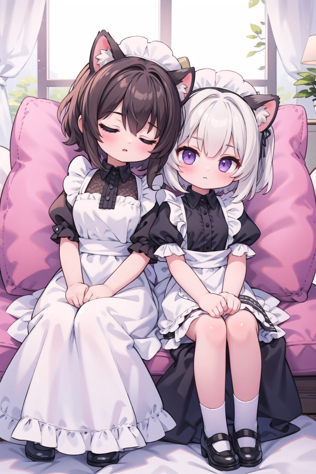 (masterpiece), pillow, (2girls, multiple girls:1.2), sleeping upright, sleeping on person, sitting, leaning on person, silver hair, medium hair, sidelocks, maid apron, (maid headdress:1.2), BREAK, (black hair:1.1), cat ears, medium breasts, purple eyes,sleeping on person