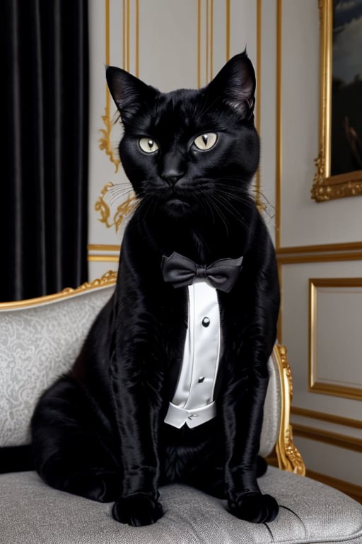 A royal black cat and he's wearing a black tuxedo in a royal house sitting on a couch looking at the viewer, close up, the house has a black-and-white aesthetic to it, a cinematic photograph, studio lighting, award-winning photograph, hyperrealistic