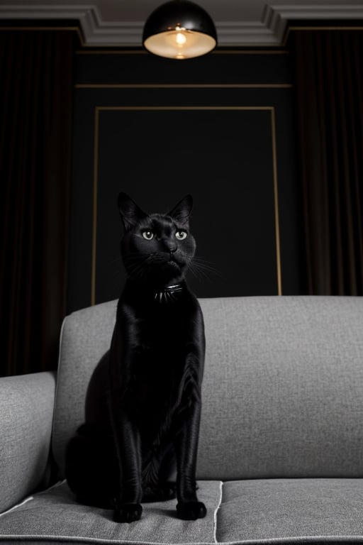 A royal black cat and he's wearing a black tuxedo in a royal house sitting on a couch looking at the viewer, close up, the house has a black-and-white aesthetic to it, a cinematic photograph, studio lighting, award-winning photograph, hyperrealistic