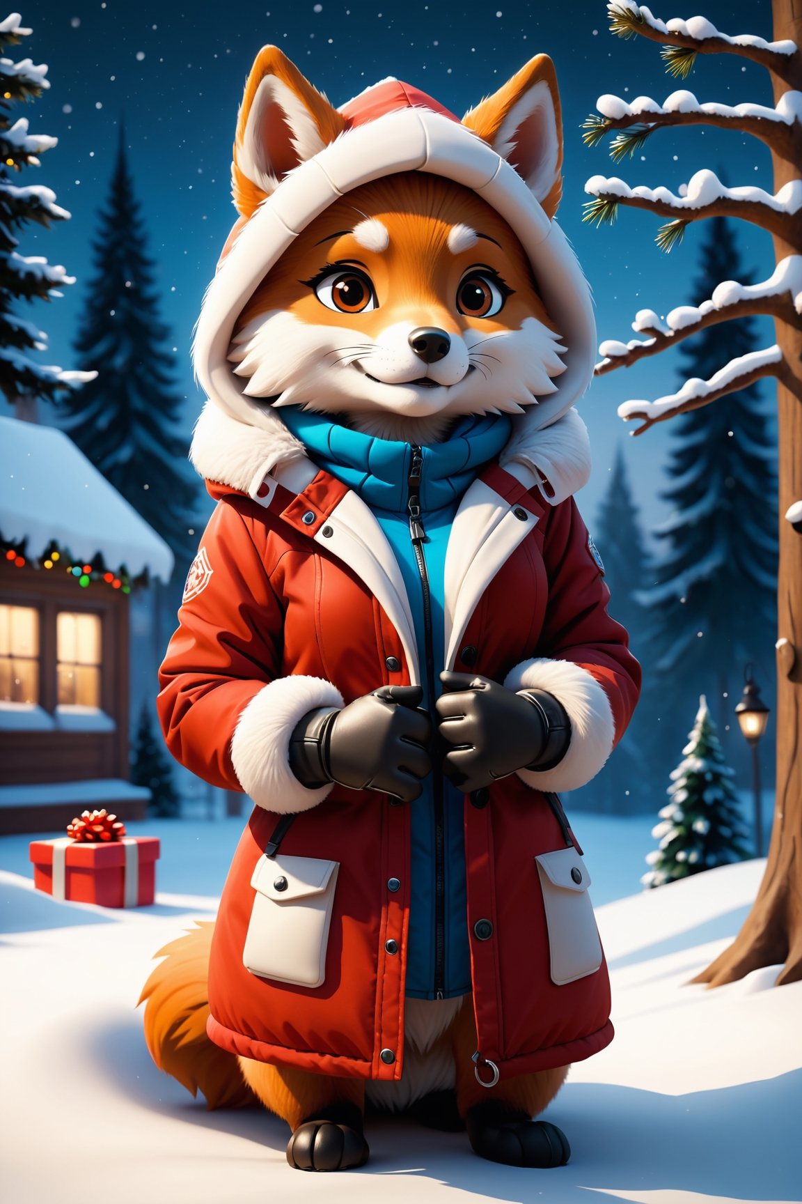 Christmas scene, Christmas tree, presents, Perfect anatomy, ambient lighting, masterpiece, illustration, 4k, (by Siroc).
  fox, canine, canidae, mammal, anthro, female, chibi style, ((white fur)), fur, eskimo clothing, gloves, winter gloves, jacket, winter jacket, hood, winter hood, winter, snow, cold, frozen, shaking, arms crossed, crossing arms, shivering.
  Digital art work, heavy shadows, natural lights, octa render.