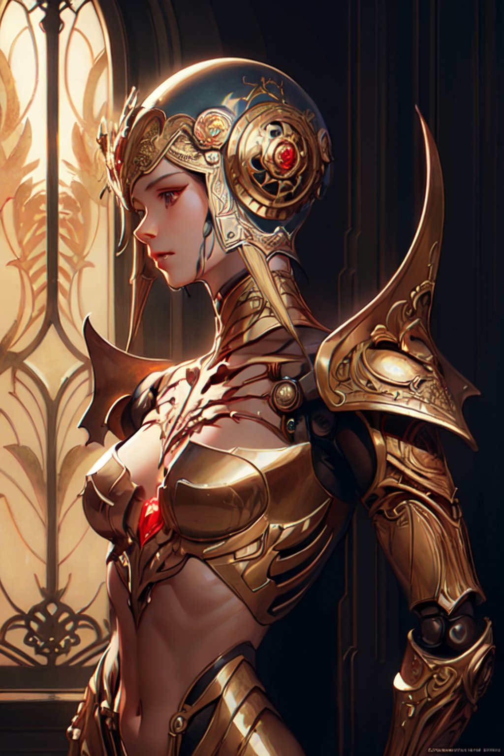 modern robot portrait with thoughtful pose,  red gold bones,  armor by Past on Tensor.Art