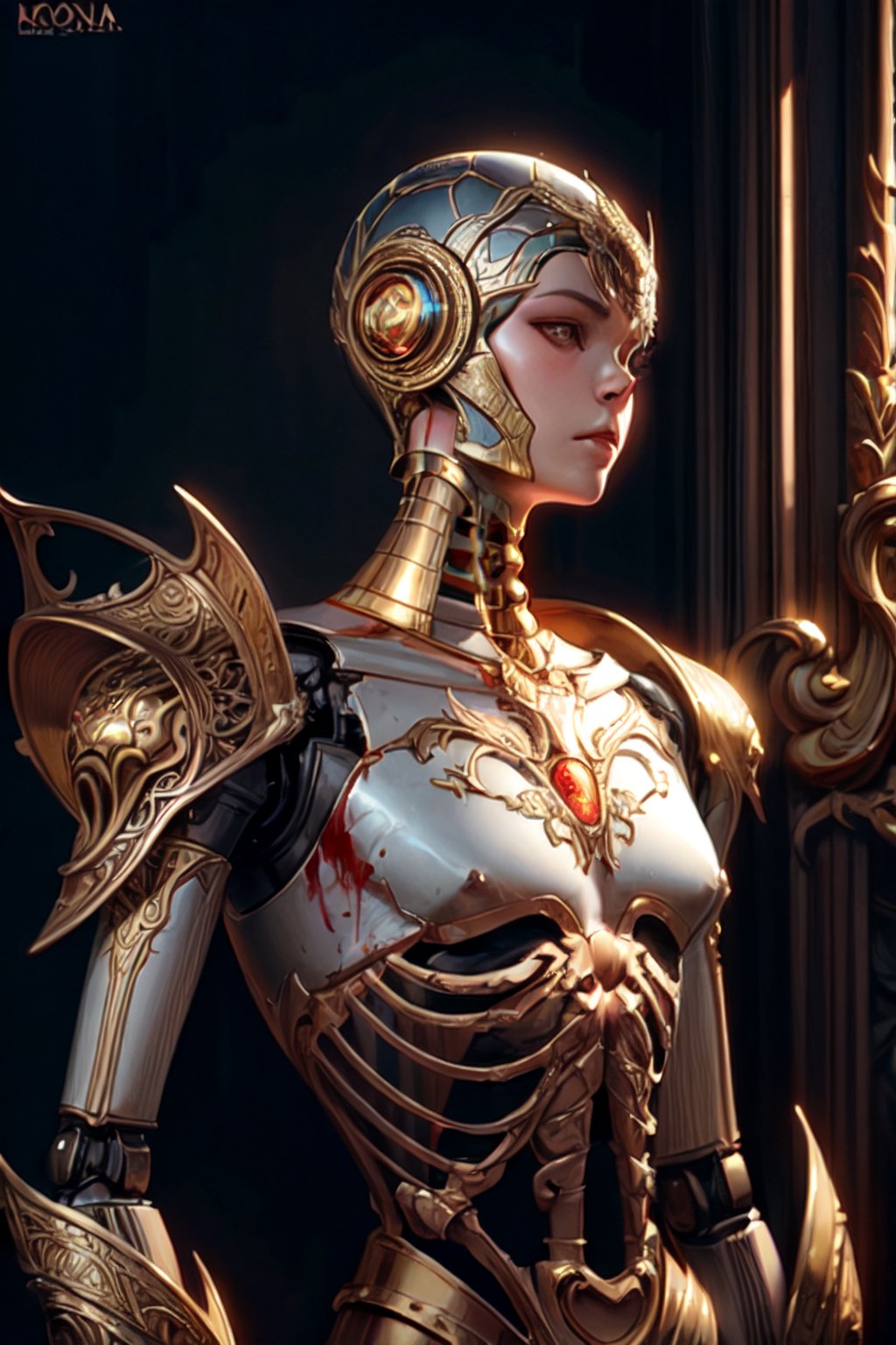 modern robot portrait with thoughtful pose,  red gold bones,  armor by Past on Tensor.Art