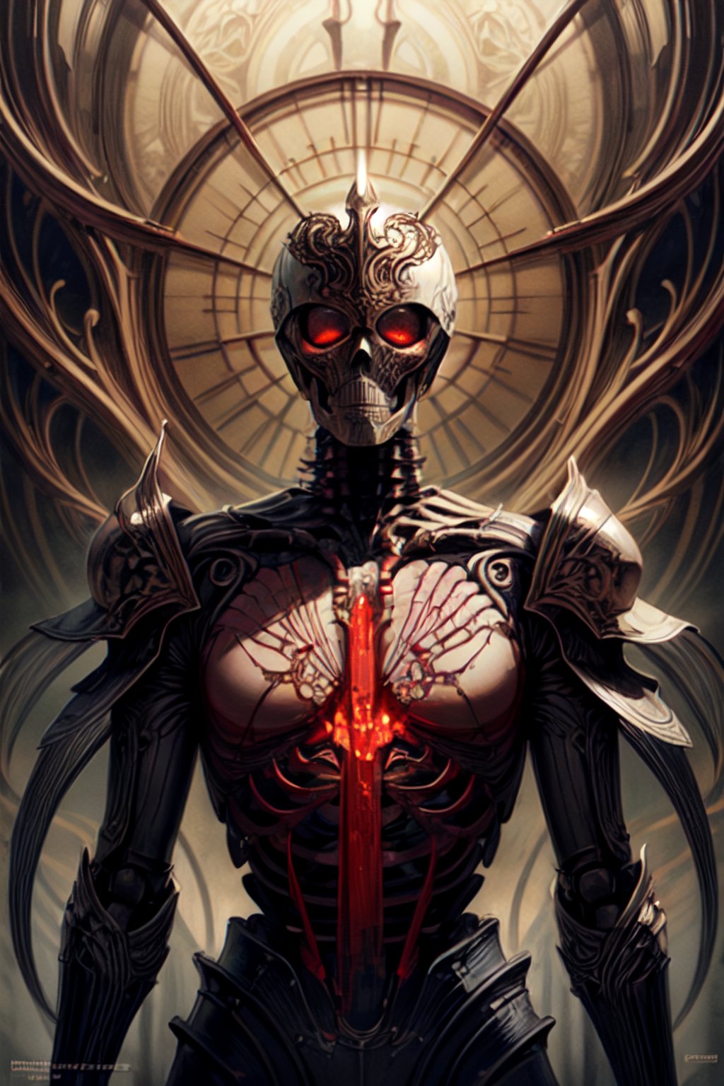 modern robot portrait with thoughtful pose,  red gold bones,  armor by Past on Tensor.Art
