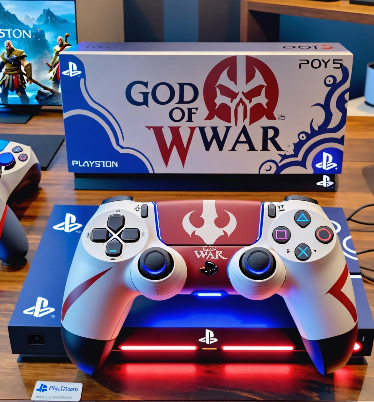 A fully customized God of War themed PlayStation 5 on a table.